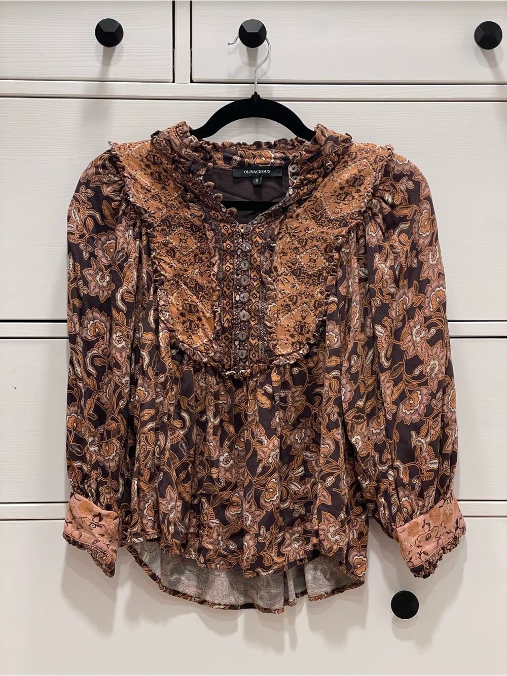 Olivaceous Brown Paisley Ruffled Yoke Blouse